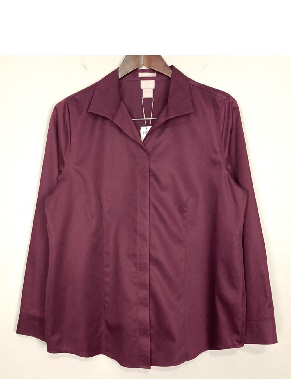 Chico’s No-Iron Sateen Wing-Collar Shirt Women’s Sz M Button Front Sweet Shiraz